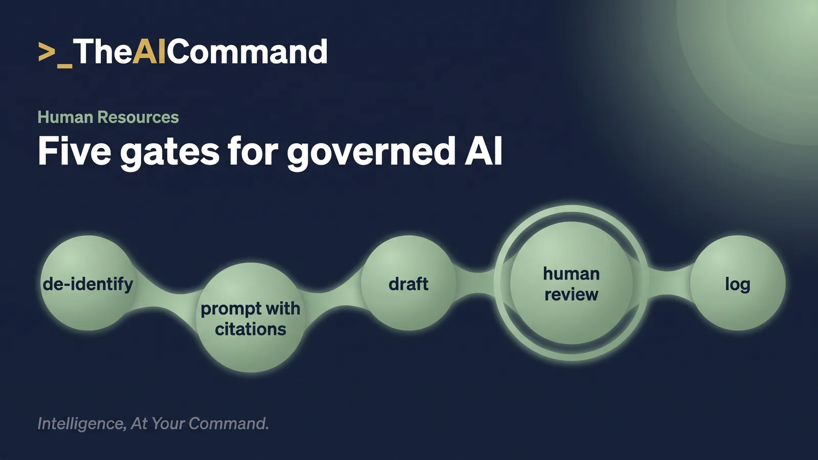 Process flow of the governed AI workflow for NES work: de-identify, prompt with citations, draft, human review, log.