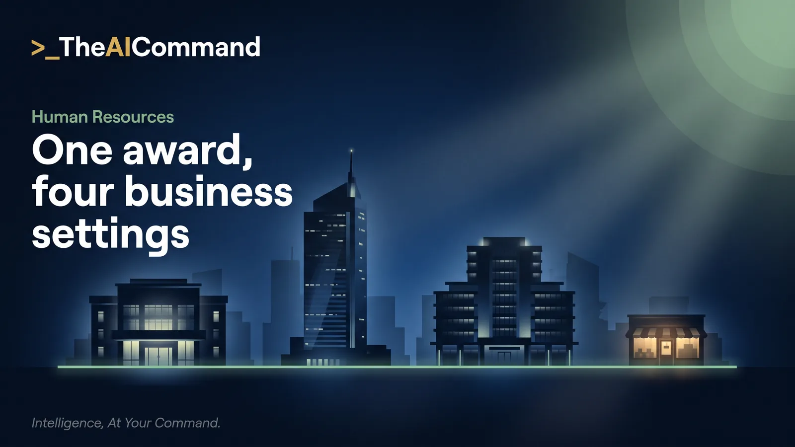 Night cityscape with four financial services buildings, a bank branch, an insurer tower, a superannuation office, and an advice firm shopfront, all standing on a single glowing baseline representing the shared modern award floor.