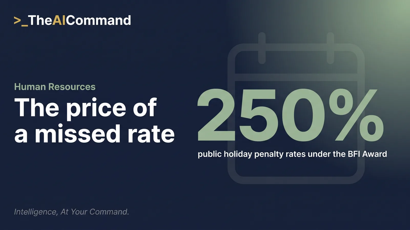 Large statistic showing 250 per cent, the BFI Award public holiday penalty rate, glowing against a dark background.
