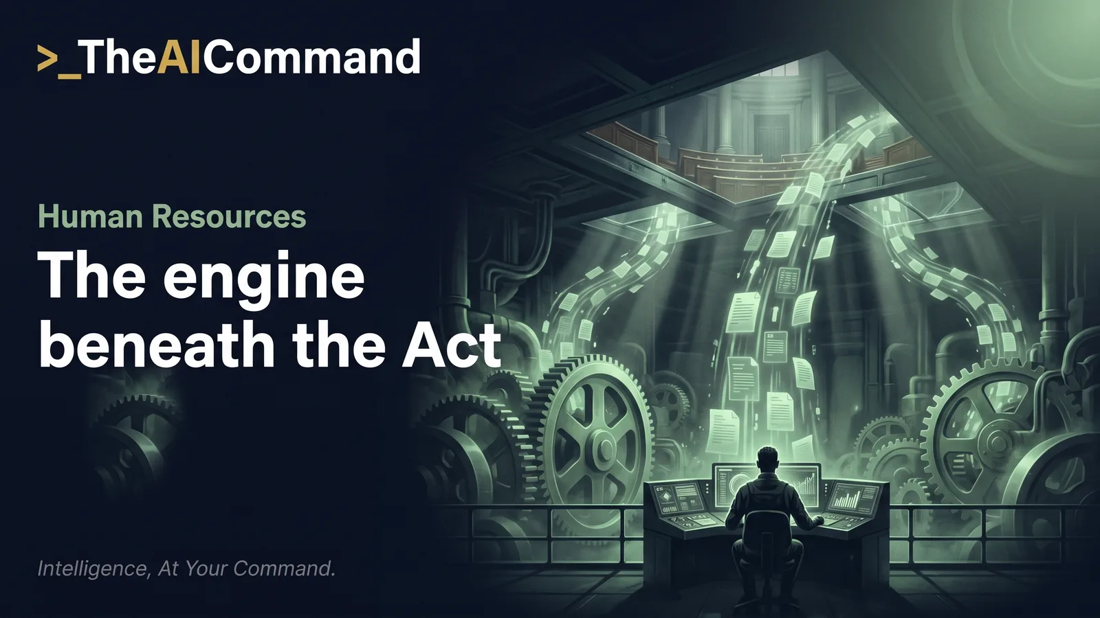 Machine room of glowing sage gears and conduits beneath a parliamentary chamber, symbolising the Fair Work Regulations powering the Fair Work Act