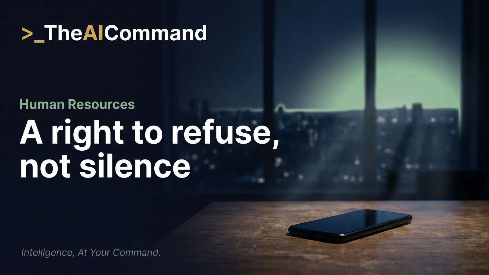 Smartphone lying face down on a desk in a dark office at night, symbolising an employee exercising the right to refuse after-hours work contact