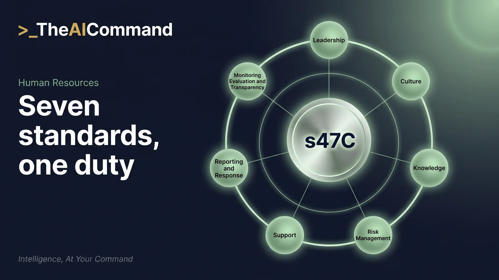 Diagram with the section 47C positive duty at the centre and the seven AHRC standards arranged around it: Leadership, Culture, Knowledge, Risk Management, Support, Reporting and Response, and Monitoring, Evaluation and Transparency