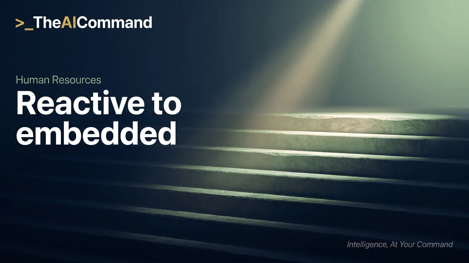 Cinematic image of five illuminated steps rising from shadow toward a bright horizon, representing the maturity climb from Reactive to Embedded
