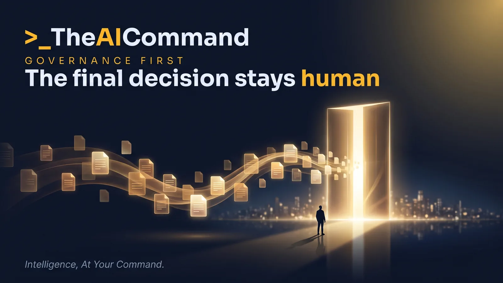 Cinematic image of a lit boundary line between AI drafting space and human decision space