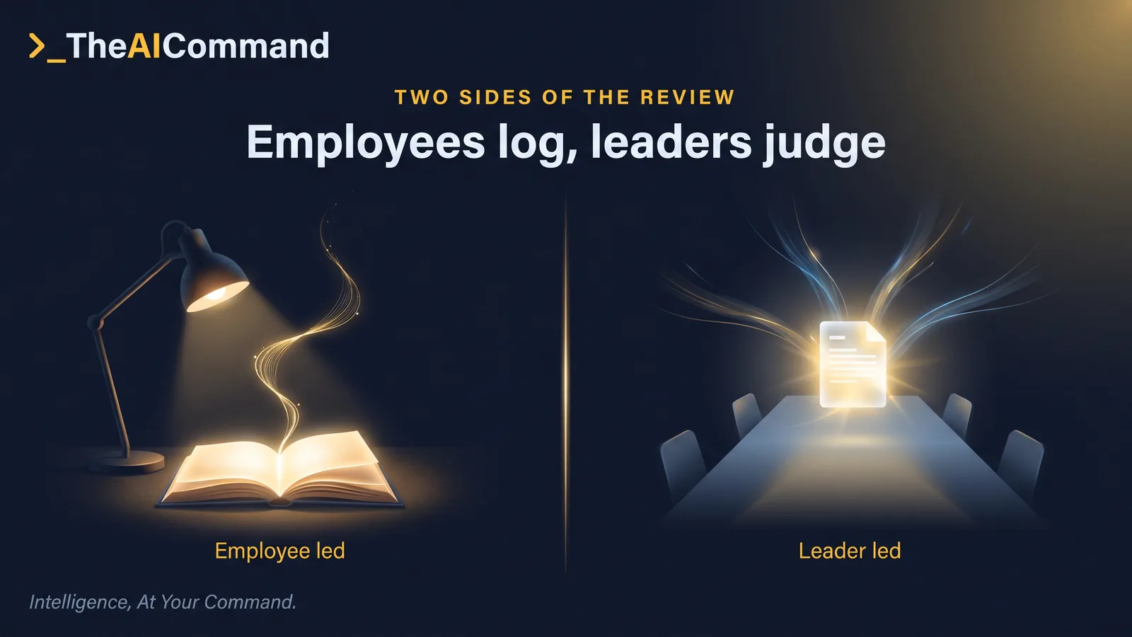 Split diagram comparing the employee-led evidence system with leader-side AI support