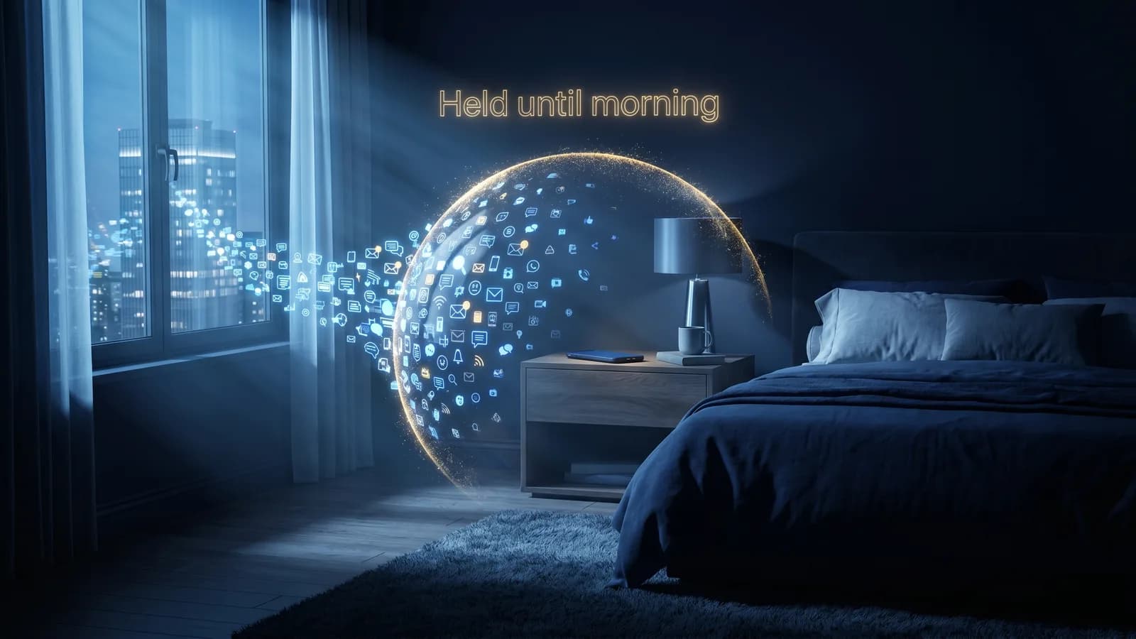 A phone resting face-down on a bedside table at night, its notifications held until morning