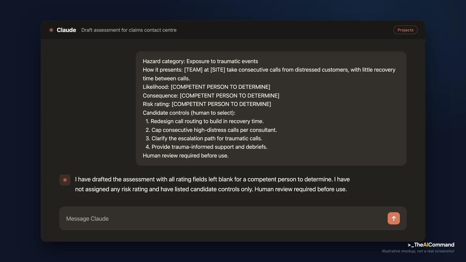 Chat interface showing the drafted psychosocial risk assessment fragment for a claims contact centre, with the exposure-to-traumatic-events hazard, the likelihood, consequence, and risk-rating fields all reading competent person to determine, and four candidate controls listed for a human to select