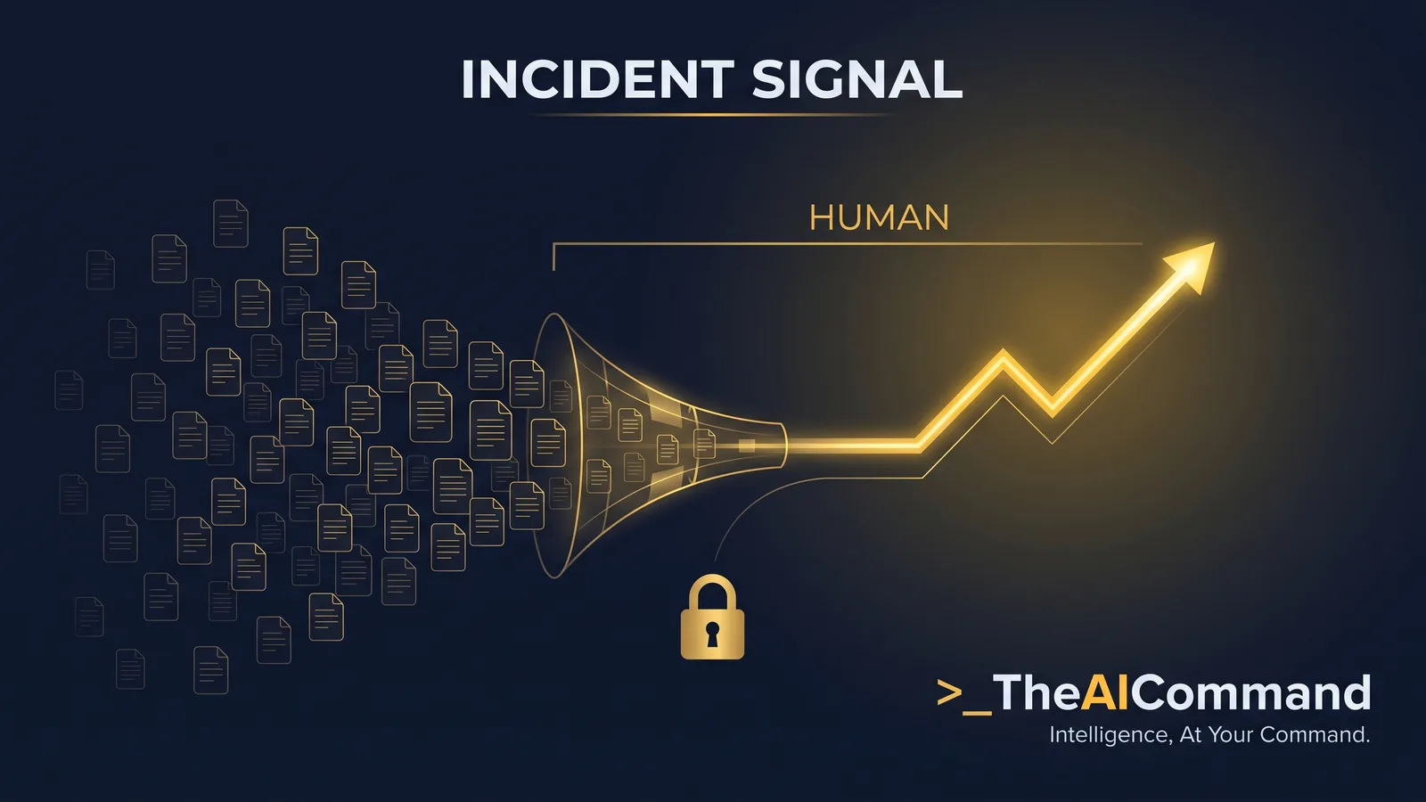 Concept illustration of many incident records converging into one leading-indicator signal under a human review gate