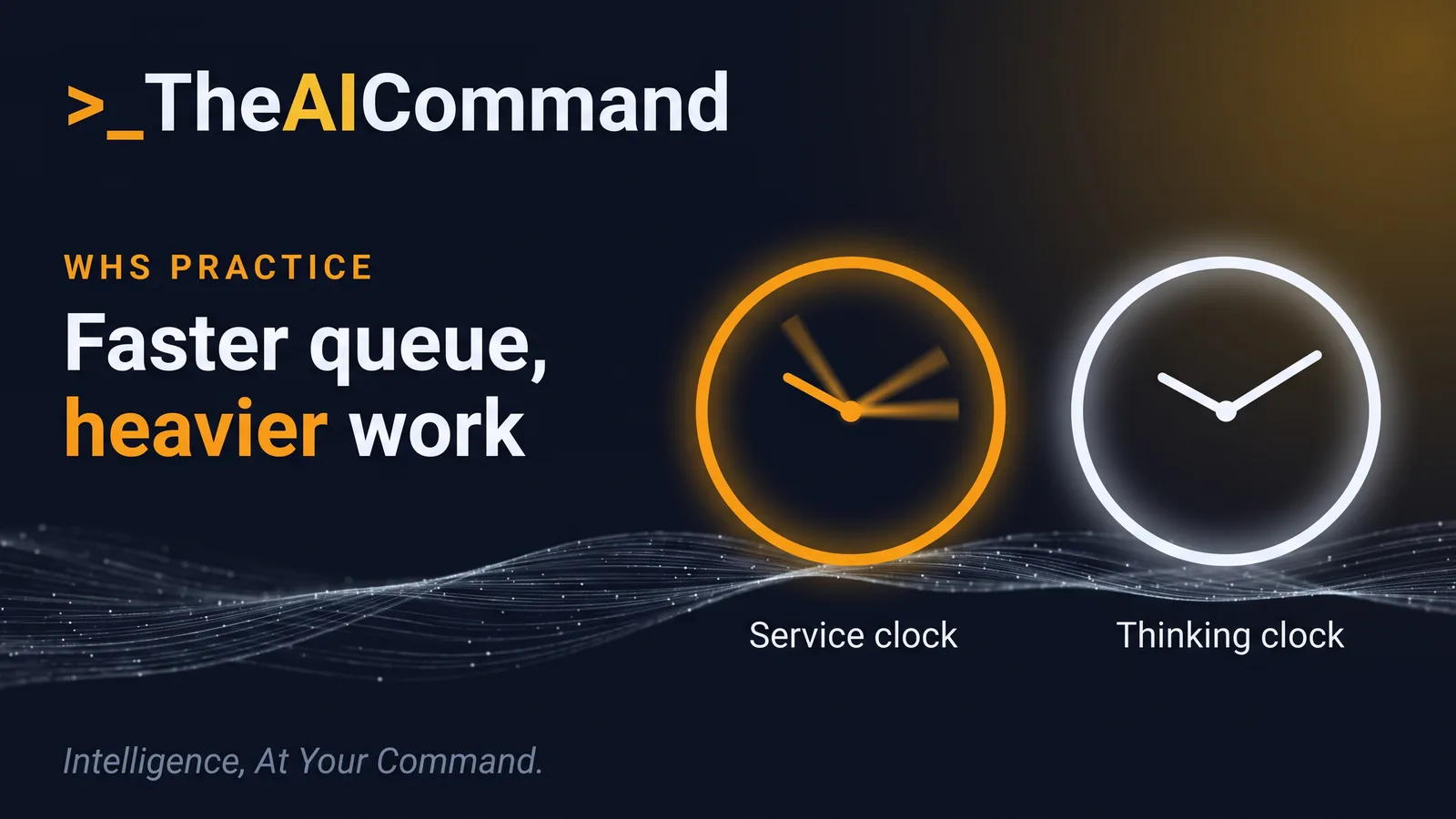 Cinematic split of a racing service clock beside a protected thinking clock over an abstract work queue