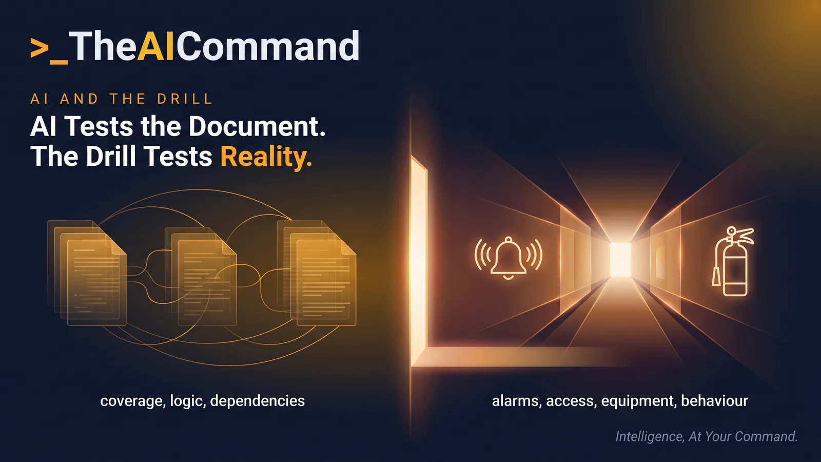 A doorway divides AI checks of plan logic and dependencies from physical drill checks of alarms, access, equipment, behaviour and coordination