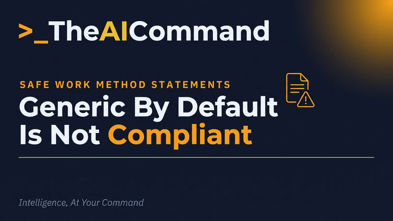 Editorial title card reading generic by default is not compliant, on a deep navy background with an amber accent rule and a sage divider
