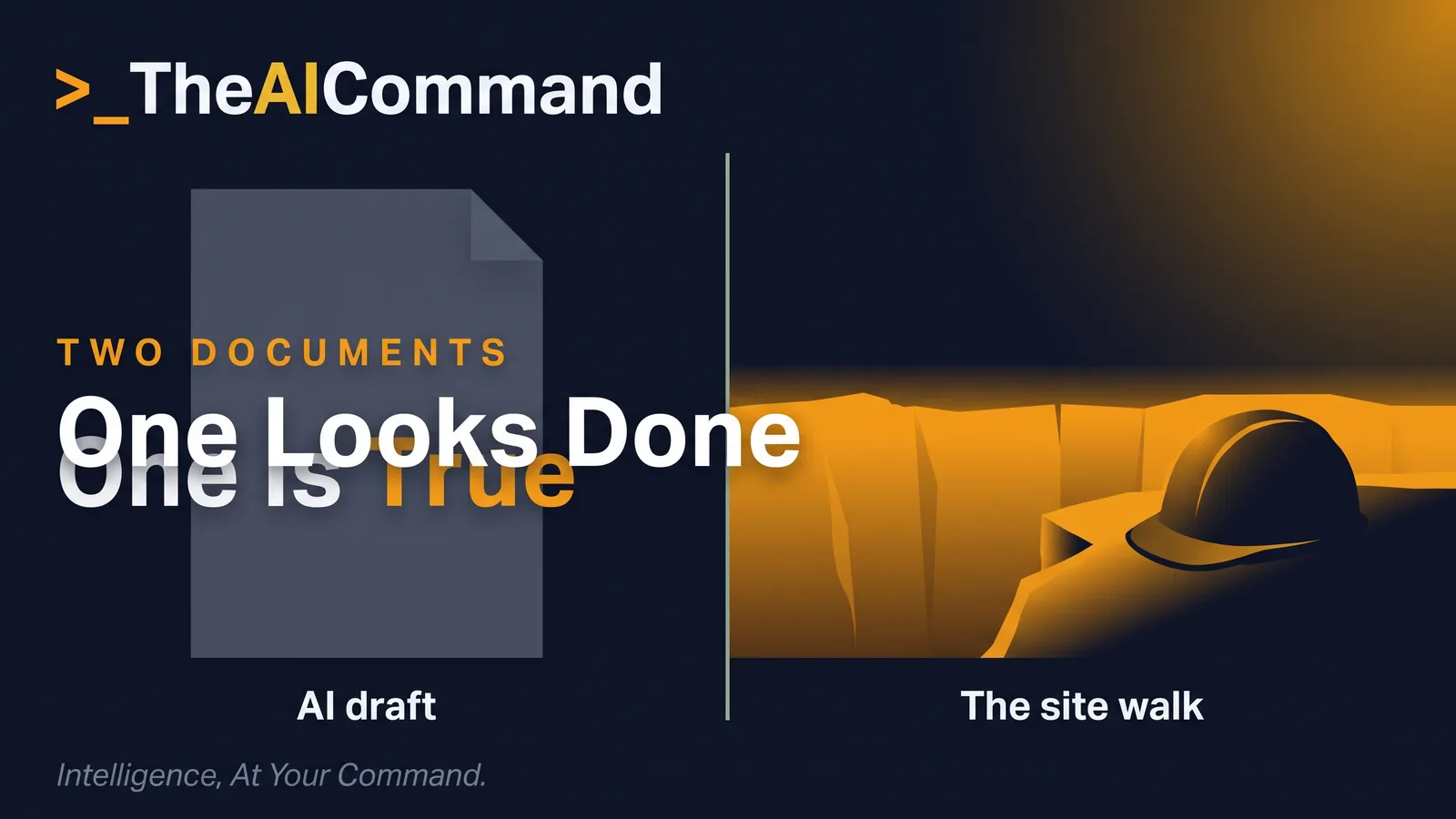 Cinematic split composition contrasting a dim flat template sheet on the left with a warm amber-lit trench edge and hard hat silhouette on the right