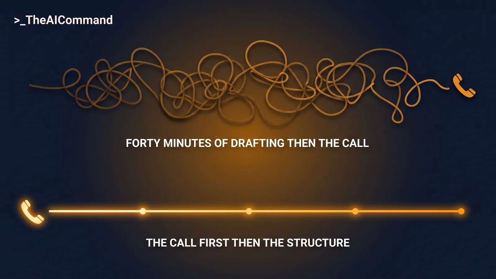 Split before and after timeline, the left path a long tangled forty minute thread ending at a late telephone icon, the right path a short straight sequence where the telephone icon comes first, gold on deep navy