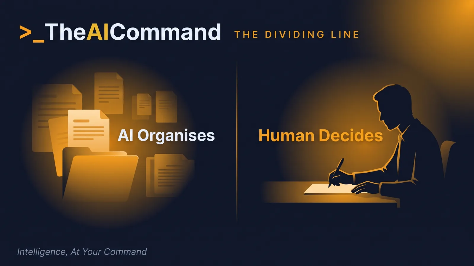 A side-by-side split with a single seam of light, abstract documents being sorted on the left and a single human silhouette with a pen poised over a page on the right