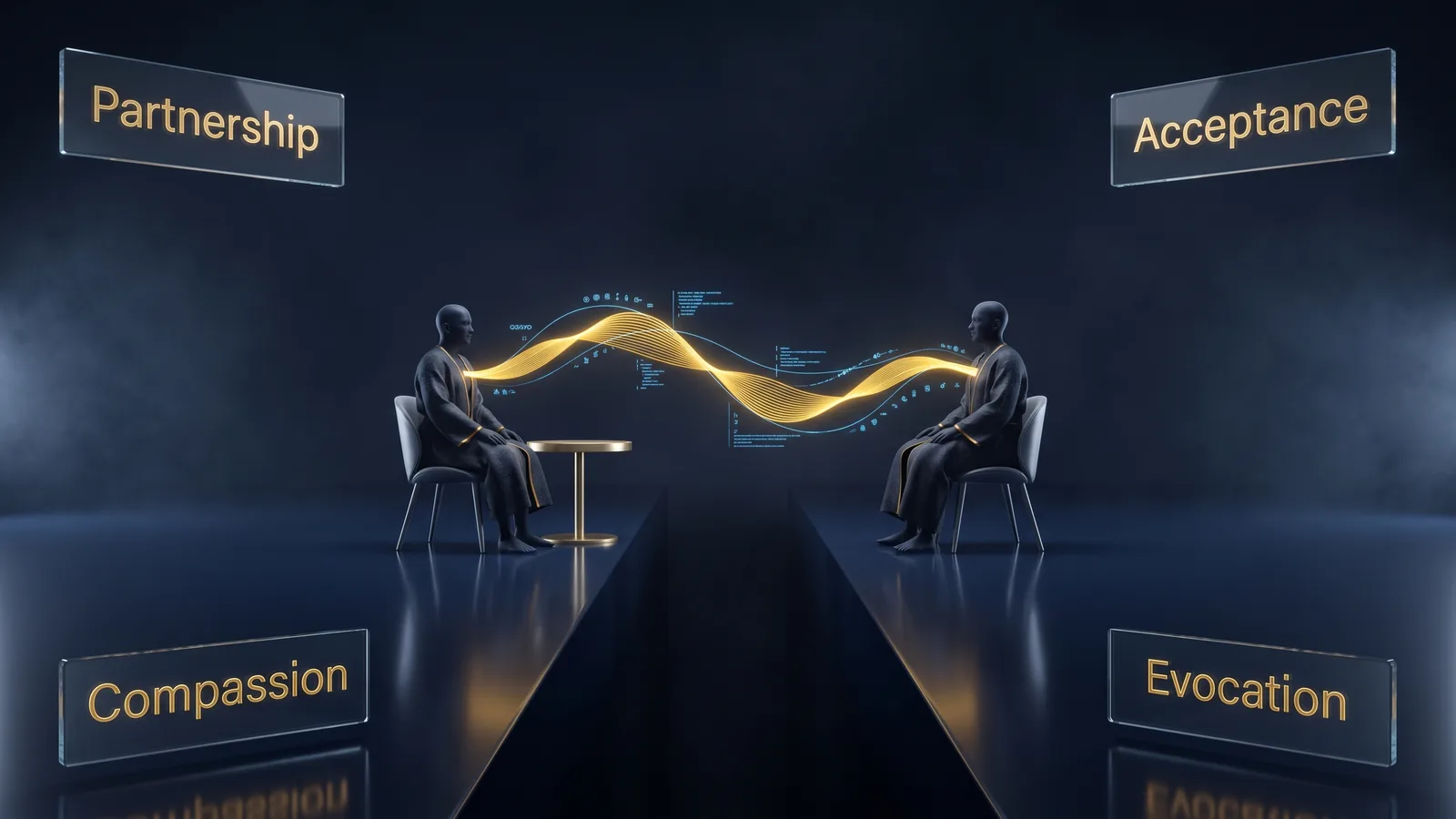 Two figures connected by a luminous golden conversation bridge, surrounded by the four elements of the MI spirit