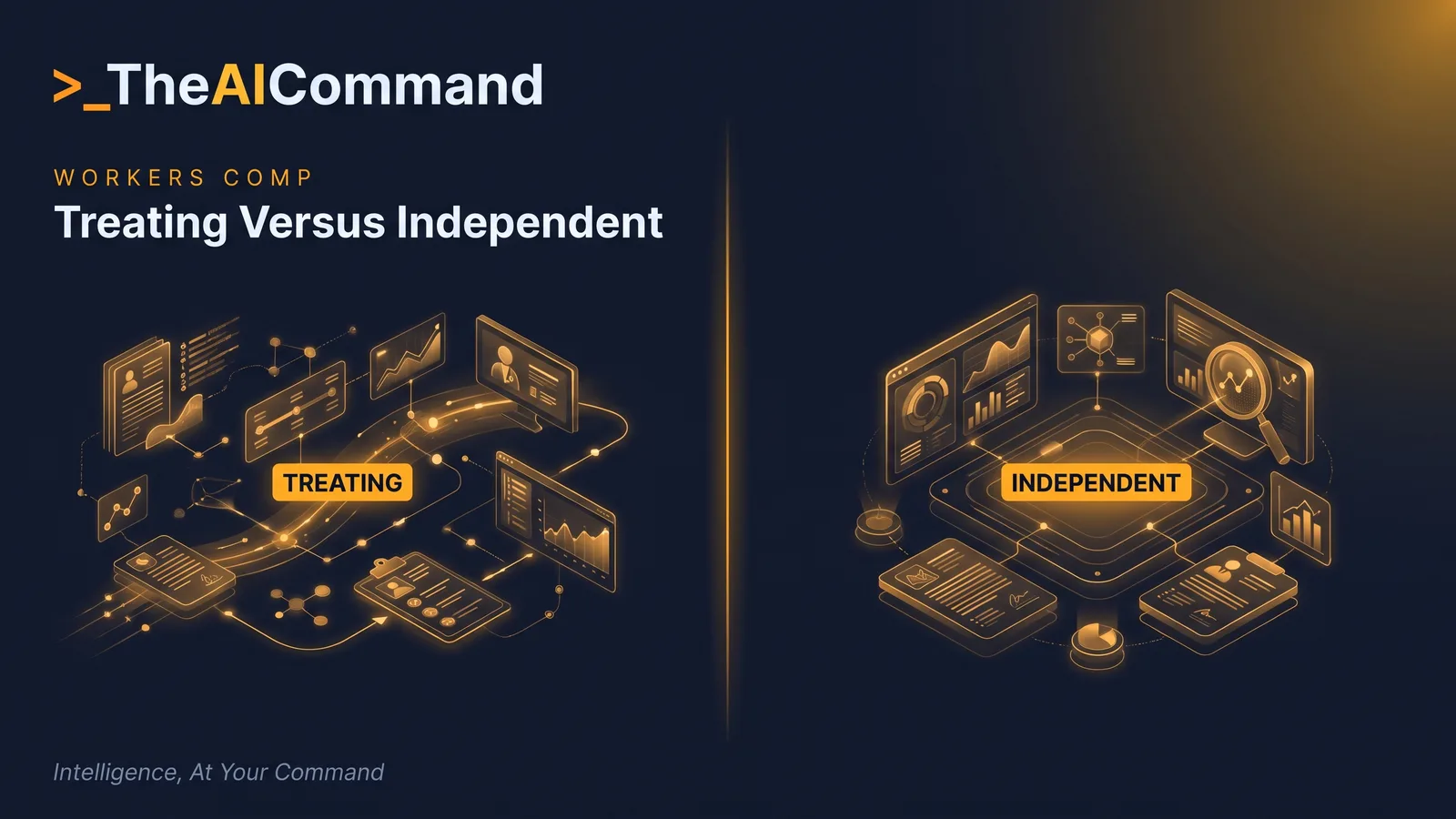 A screen split into two contrasting halves divided by a thin amber line, the left half labelled treating, the right half labelled independent, each a small abstract report vignette