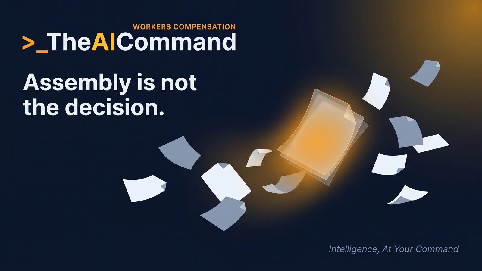 A single cinematic scene of scattered medical documents drawn together into one clear ordered sheet by a soft amber glow, one focal point, deep navy mood