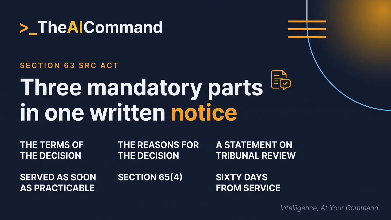 Section 63 of the SRC Act sets three mandatory parts for a reviewable decision notice, being the terms of the decision, the reasons for the decision, and a statement that application may be made to the Administrative Review Tribunal, and service of that one notice starts the sixty day period in section 65(4).