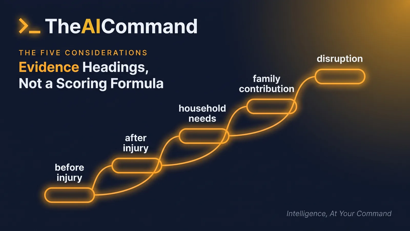 Five-rung framework showing before-injury contribution, after-injury capacity, household needs, family contribution and disruption