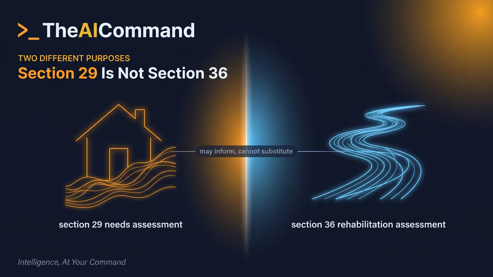 Side-by-side comparison of a section 29 household services needs assessment and a section 36 rehabilitation assessment, linked by the words may inform, cannot substitute