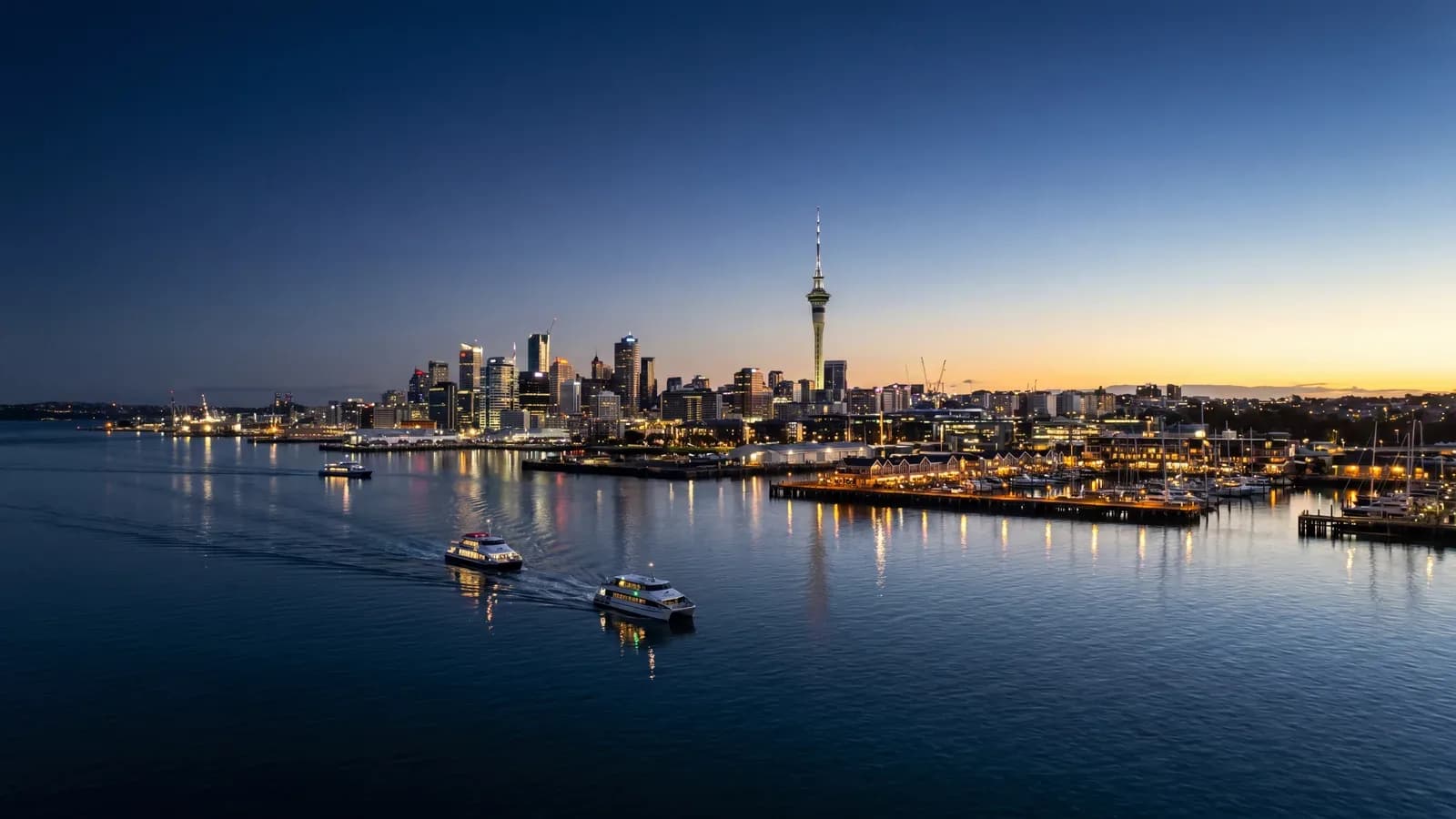 Auckland CBD viewed from the harbour at dusk