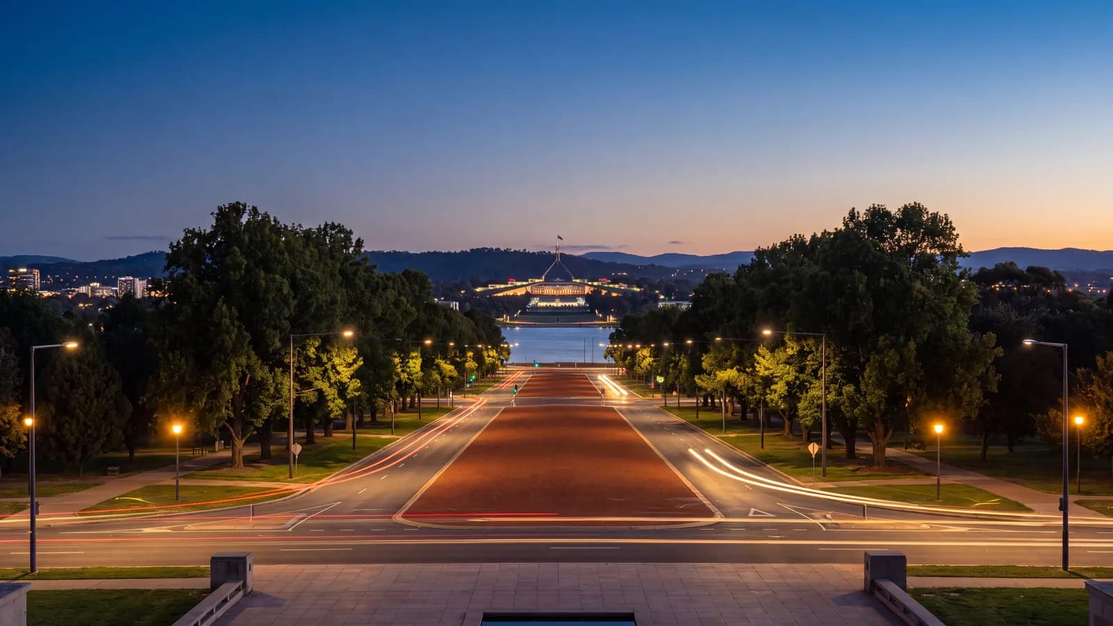 Anzac Parade looking towards Parliament House at twilight