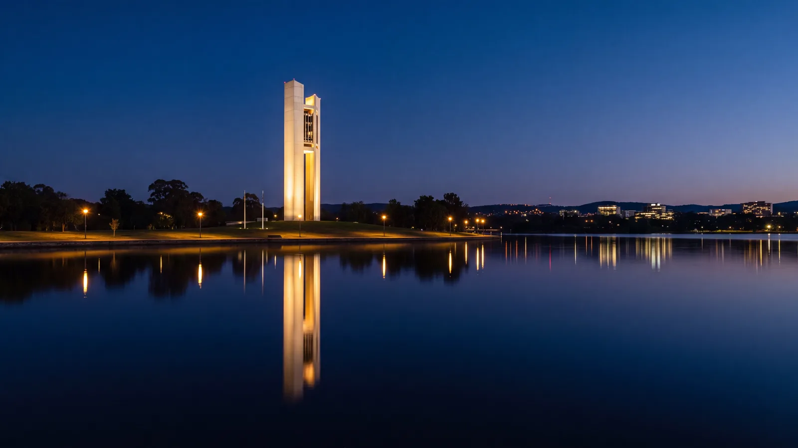 The National Carillon on Lake Burley Griffin at blue hour