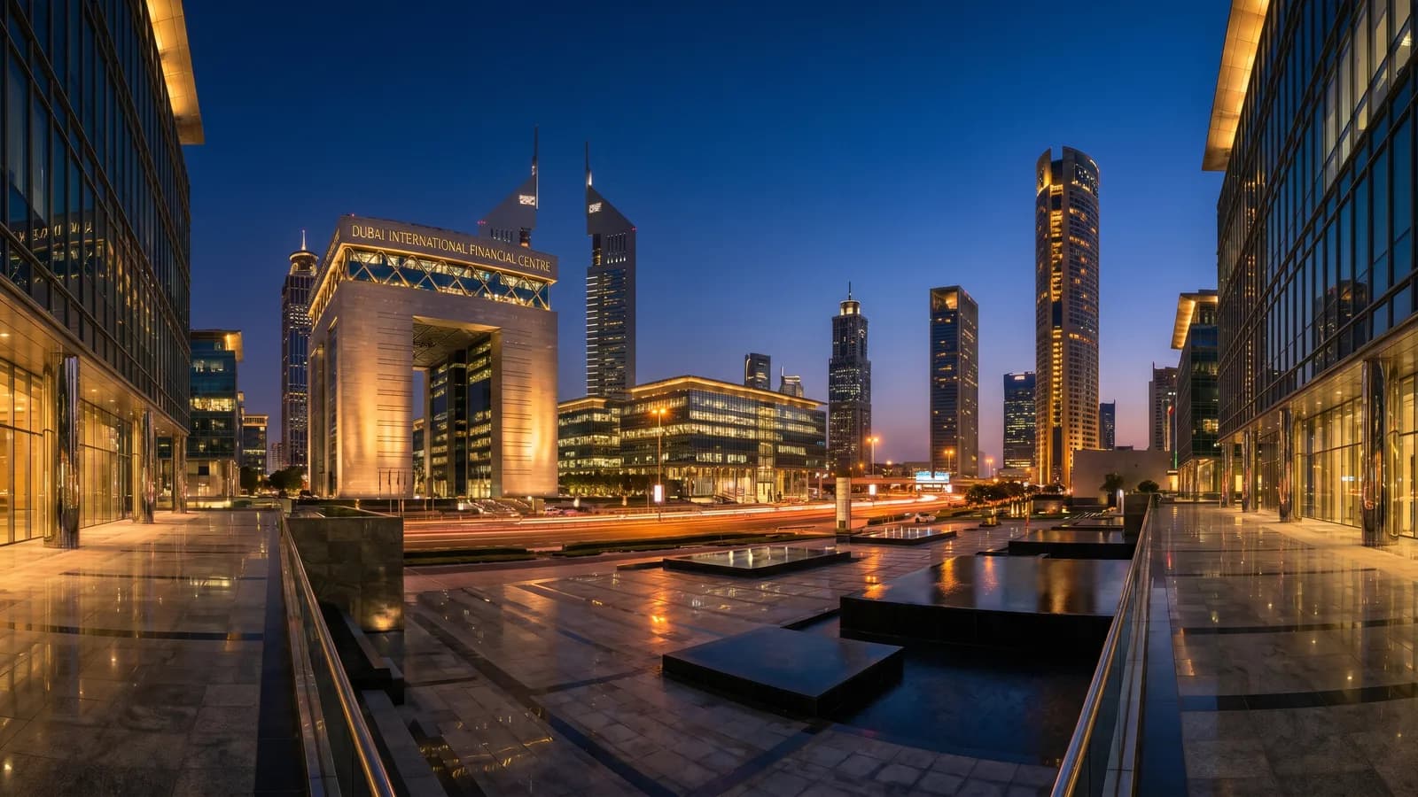 Dubai International Financial Centre at blue hour