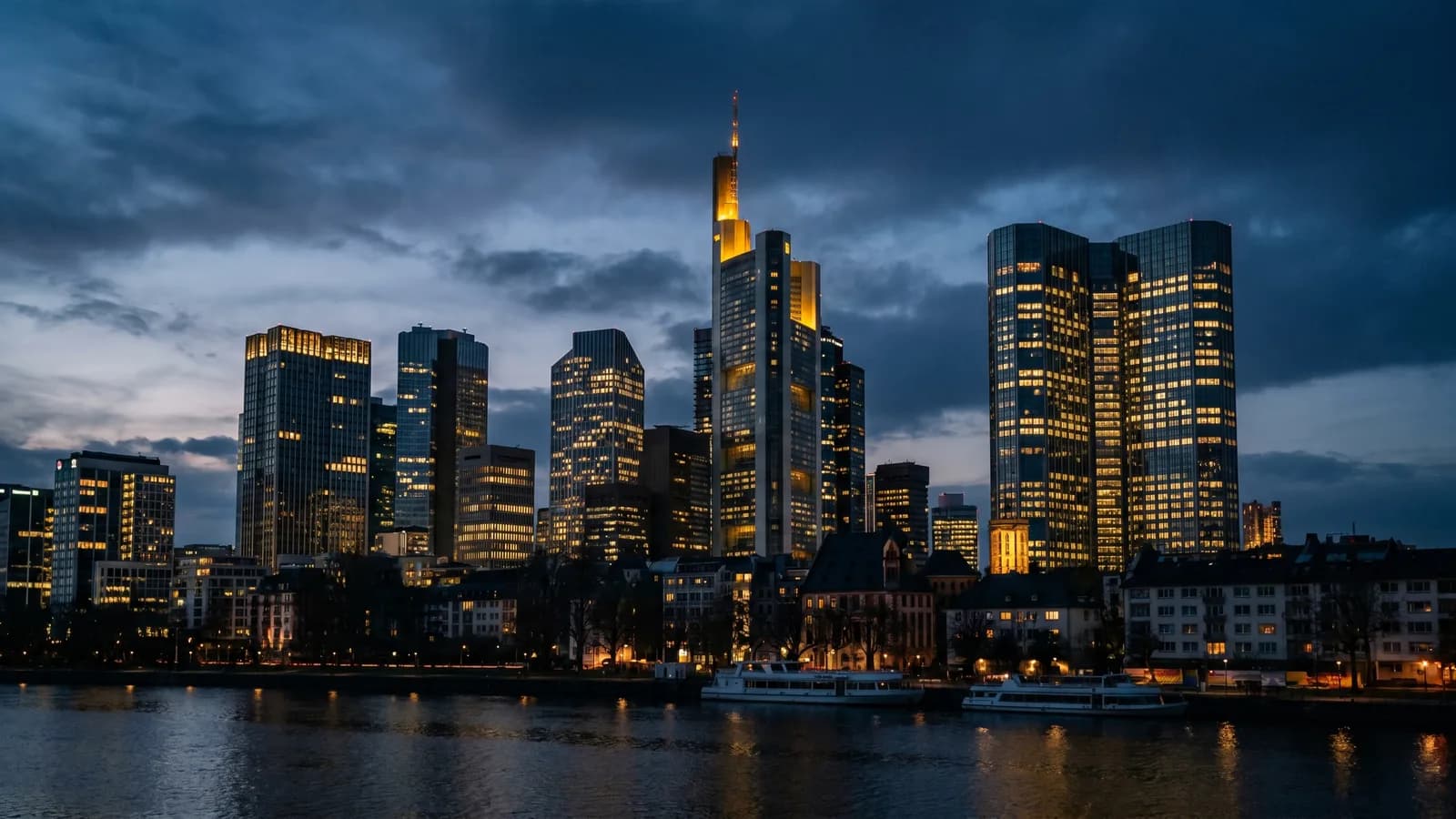 Frankfurt banking district at dusk