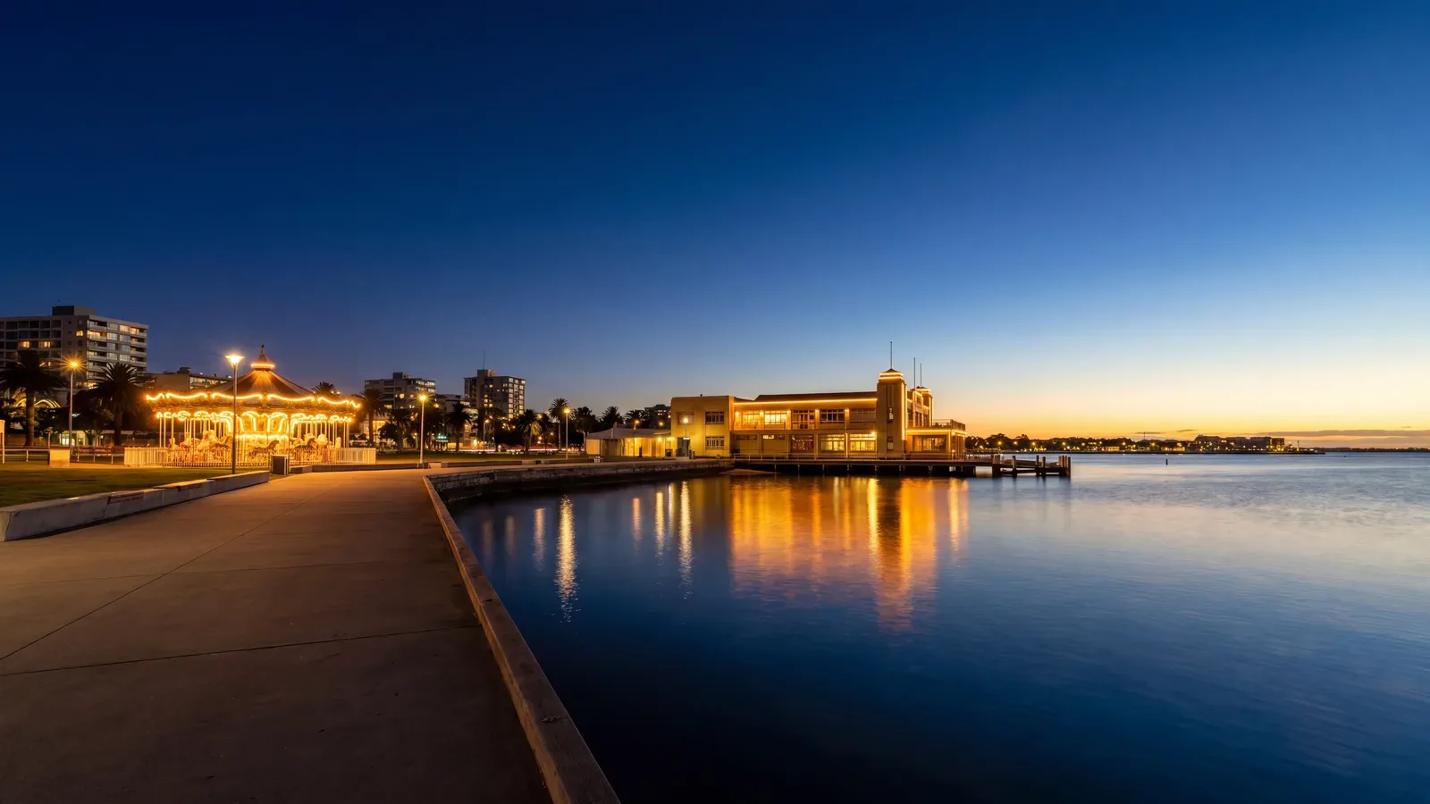 Geelong waterfront promenade at blue hour