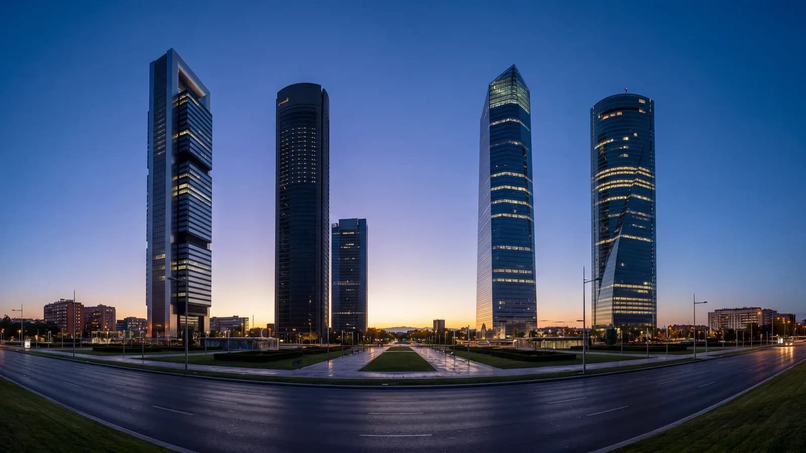 Madrid Cuatro Torres financial district at blue hour
