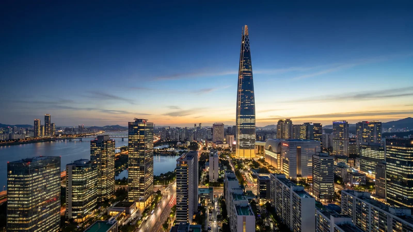 Seoul Gangnam financial district at blue hour