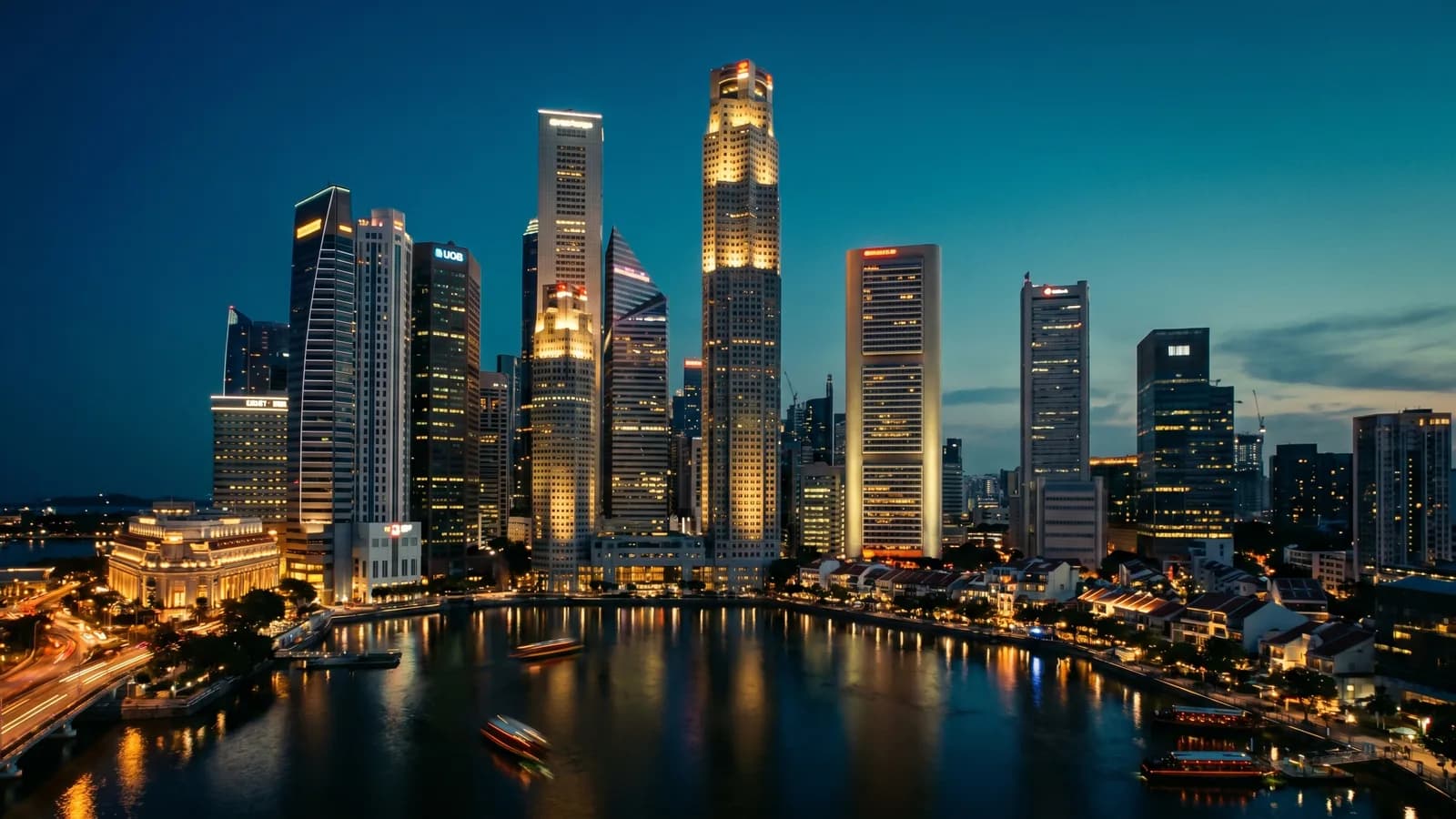 Singapore Raffles Place financial district at dusk