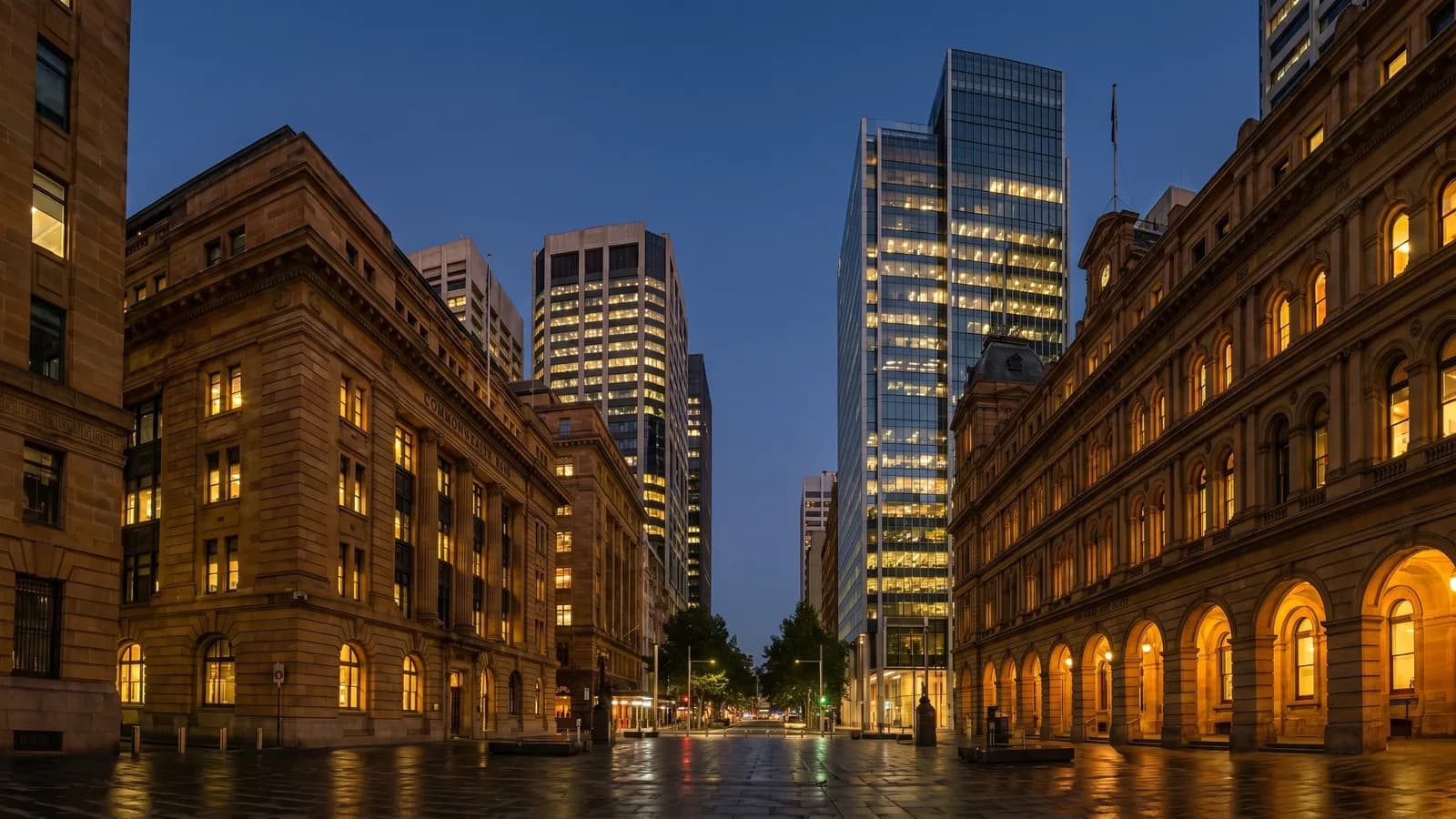 Sydney Martin Place financial precinct at twilight