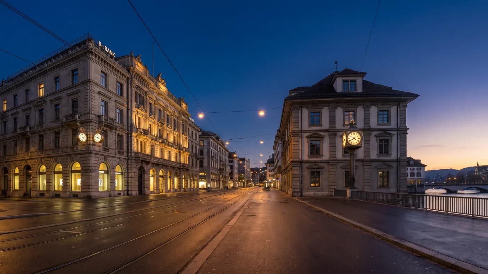 Zurich Bahnhofstrasse banking district at dusk