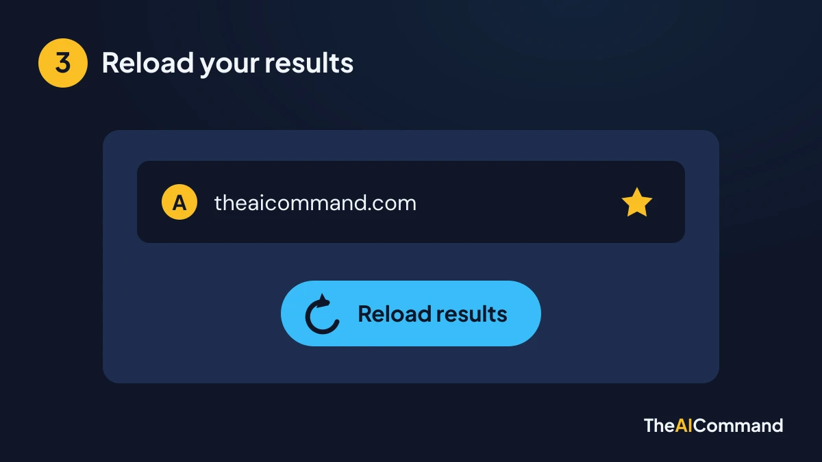 Illustration of theaicommand.com marked with a star above a Reload results button.