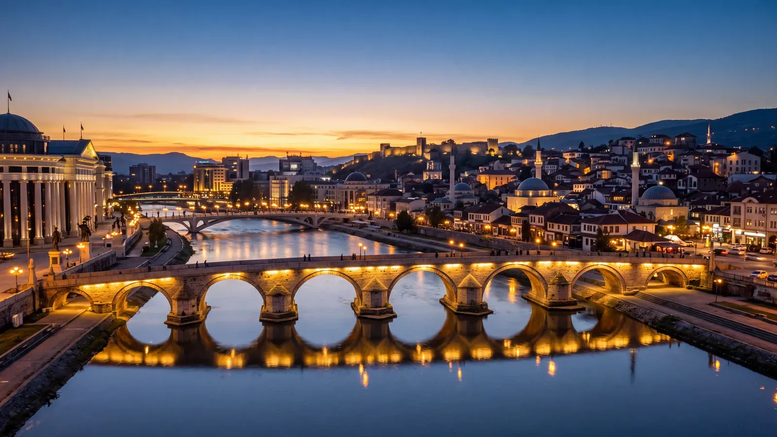 Skopje Vardar Stone Bridge Dusk