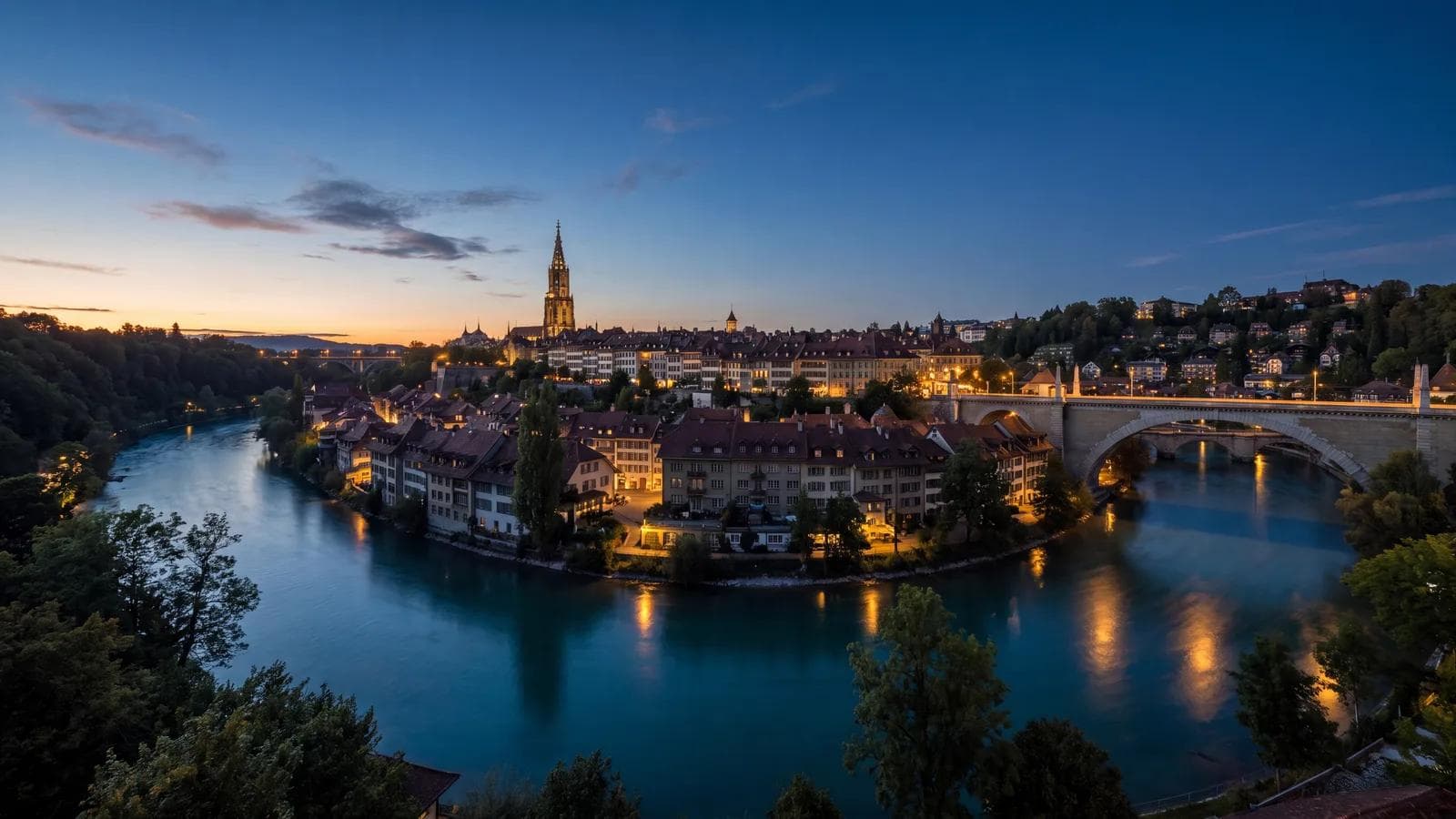 Bern Aare Old Town Dusk