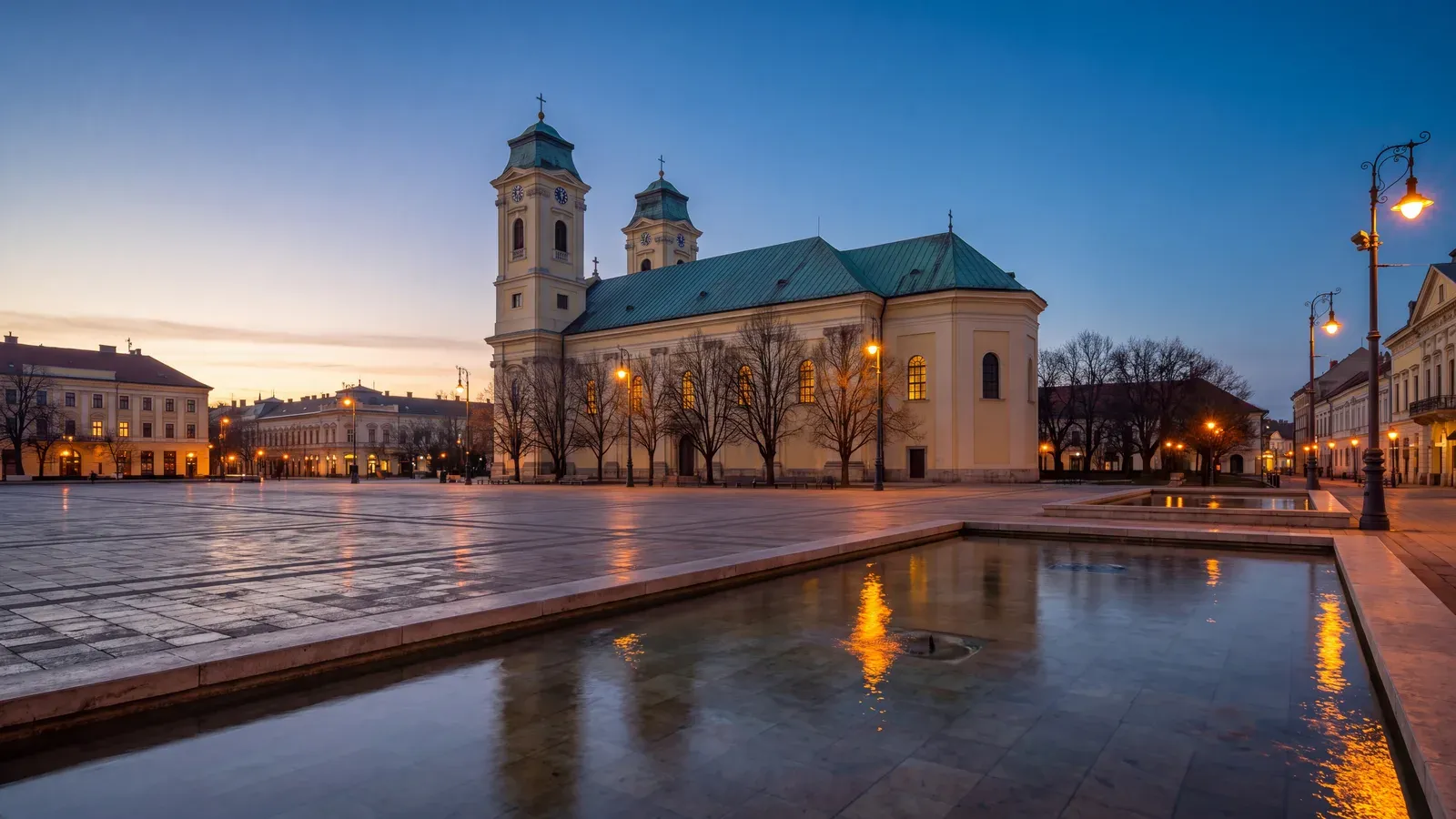 Debrecen Great Church Square Dusk