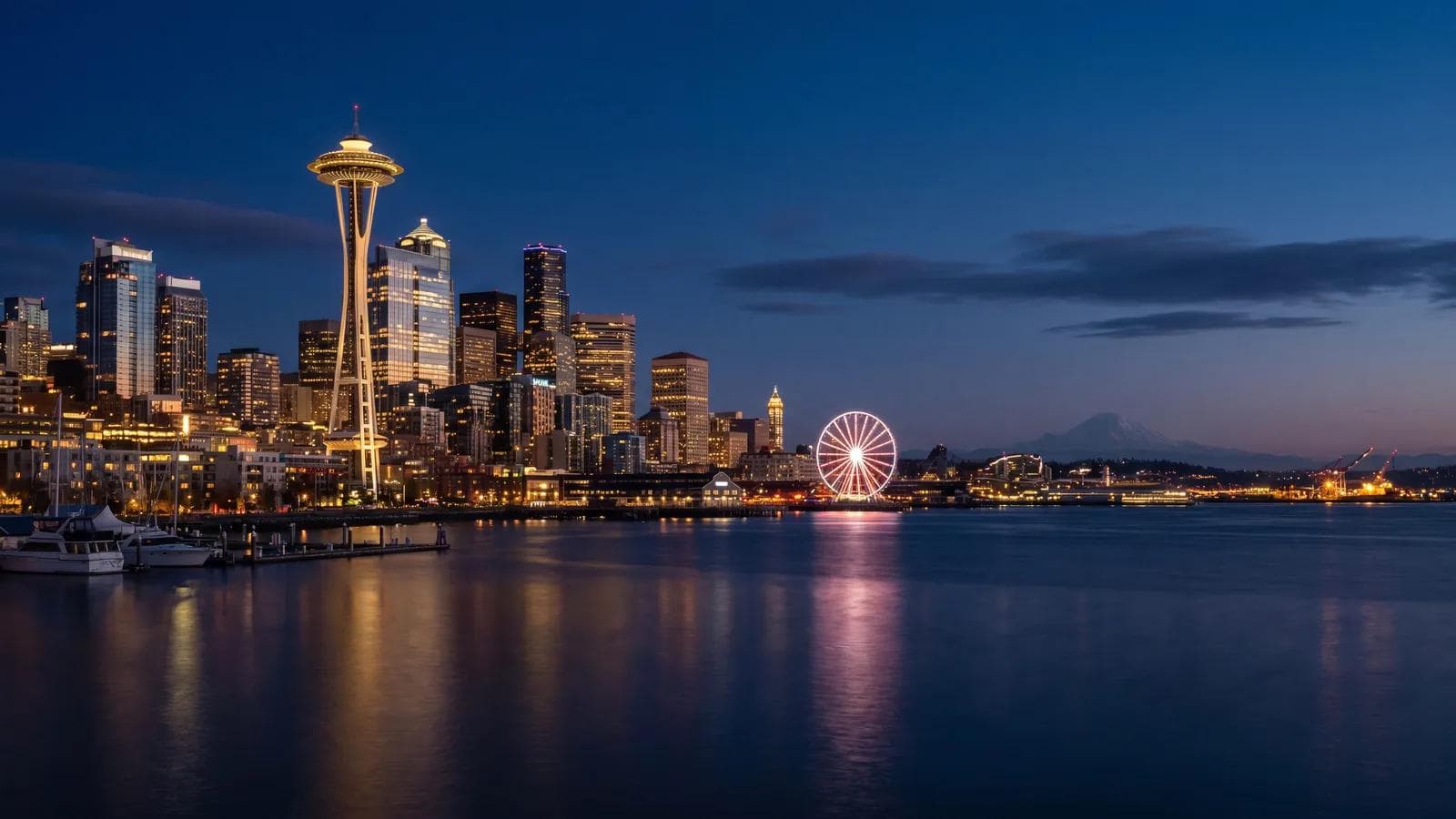 Seattle Waterfront Space Needle Blue Hour