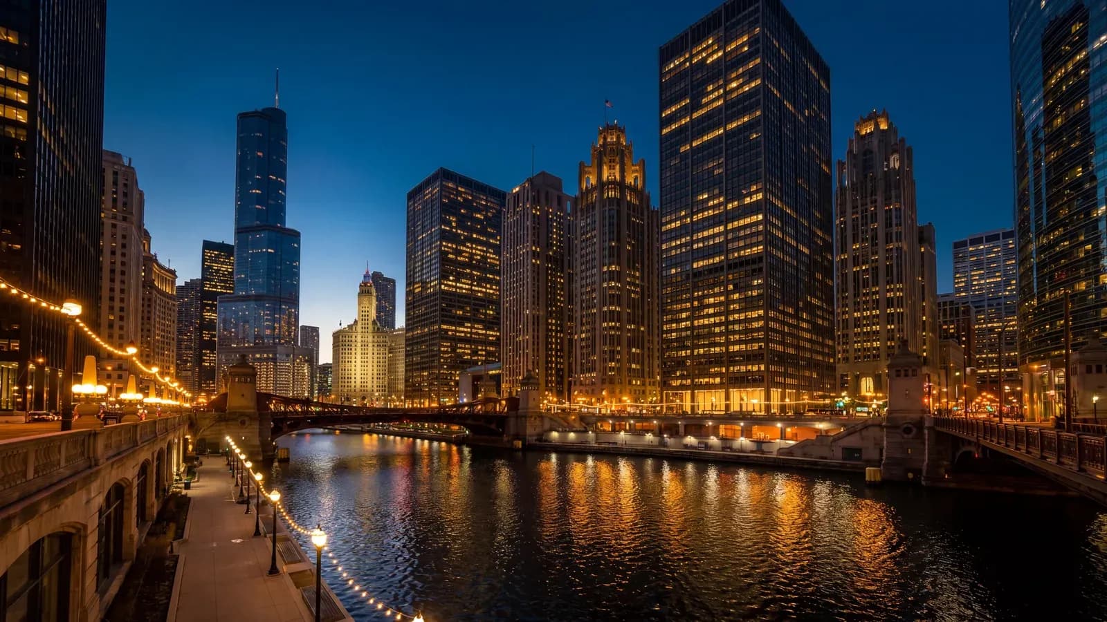 Chicago Riverwalk Financial Blue Hour