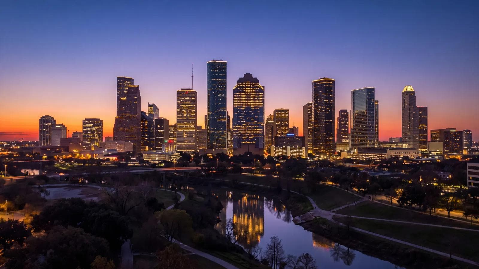 Houston Buffalo Bayou Skyline Dusk
