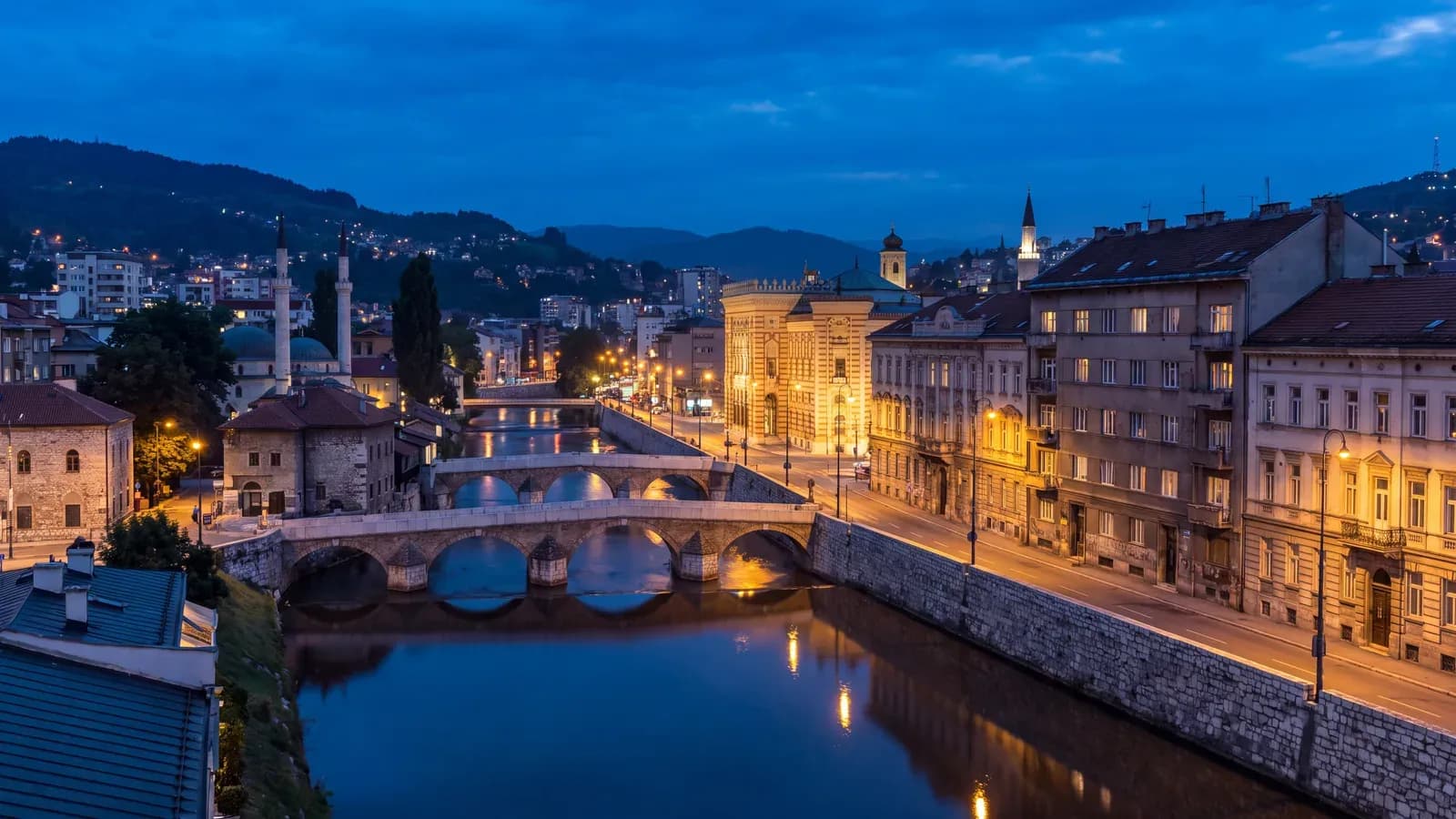 Sarajevo Miljacka Riverfront Blue Hour
