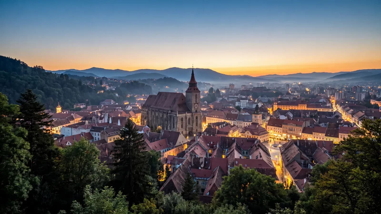 Brasov Council Square Rooftops Dusk