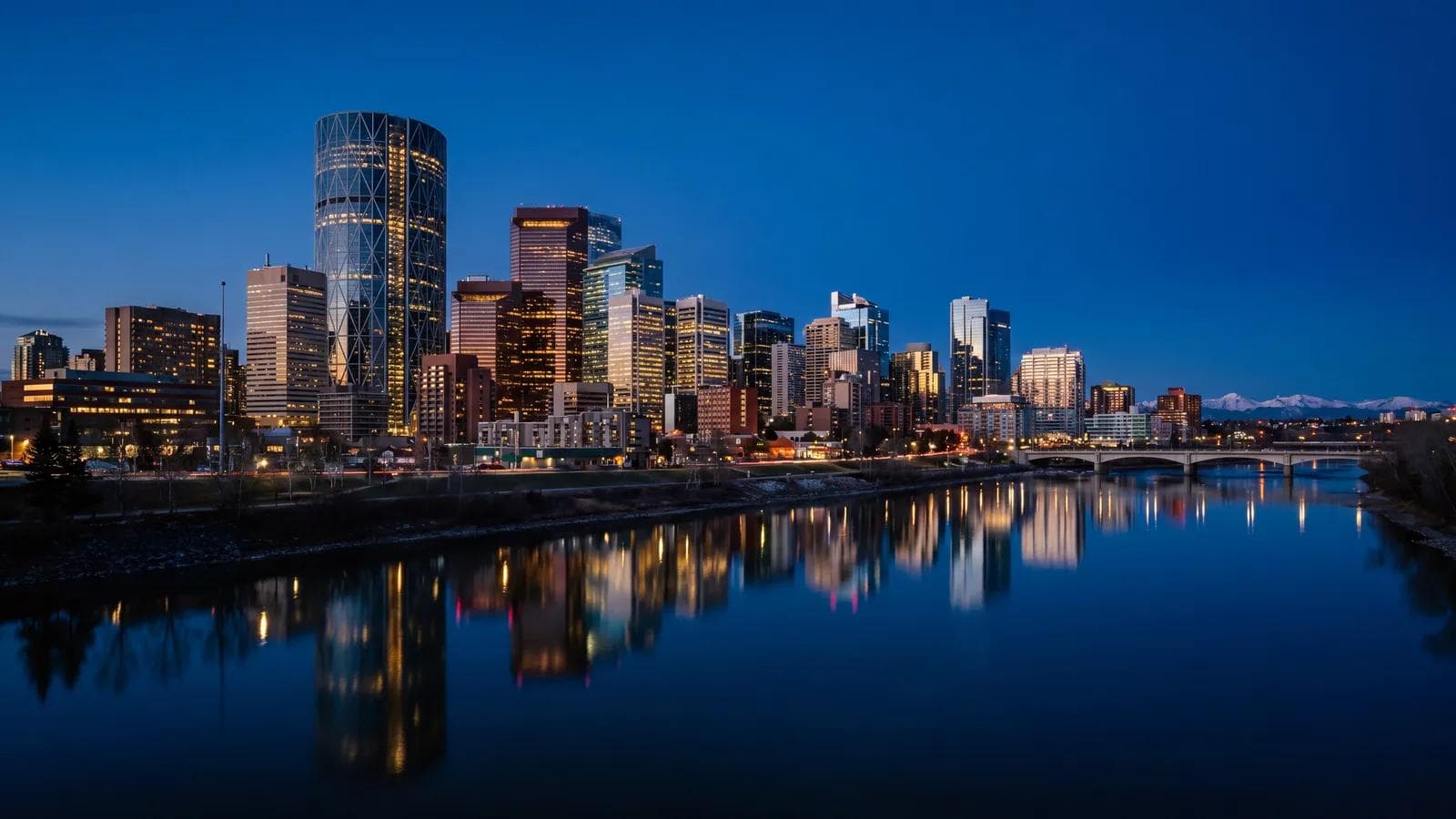 Calgary Bow River Downtown Dusk